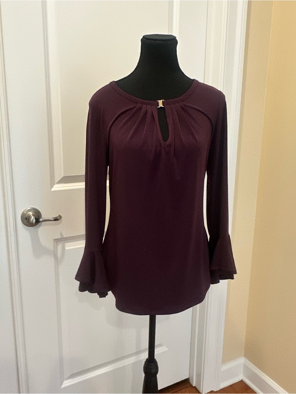 New York & Company Plum Keyhole Ruffle Cuff Blouse